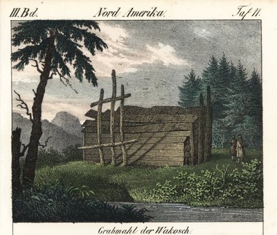 Tombe en bois des Indiens Wakashan (Canada). Lithographie pour le livre : « Galerie complète en tableaux fidèles des peuples d