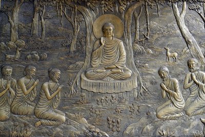 Tinh Xa Ngoc Chau temple bouddhiste, La Vie du Bouddha, Siddhartha Gautama, Le Bouddha prêcha son premier sermon aux cinq moines au Parc aux Daims à Varanasi, Chau Doc, Vietnam, 2018 - Unbekannt