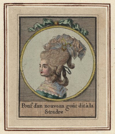 Femme dans un nouveau style de pouf appelé le Stradre. Pouf avec un nouveau goût appelé le Stradre. Gravure en cuivre colorée à la main par un artiste inconnu tirée d