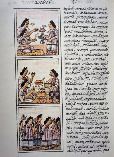 Femmes préparant un festin, Livre IV du Codex florentin, version bilingue en espagnol et nahuatl, Histoire générale des choses de la Nouvelle-Espagne, Civilisation aztèque - William M. Timlin