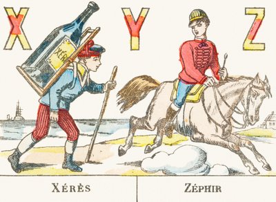 X Y Z : Xérès, Zéphir - un garçon porte sur son dos une grande bouteille de vin et un cavalier galope sur son cheval nommé Zéphyr - Alphabet des jeux, vers 1890 (gravure) - Unbekannt