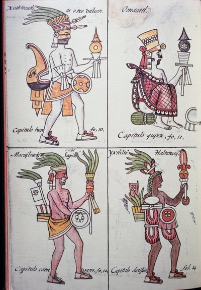 Xiuhtecuhtli, Omacatl, Macuilxochitl, Ixtlilton, Page du Codex Florentin, Version en espagnol et nahuatl, Histoire générale des choses de la Nouvelle-Espagne (Historia general de las cosas de Nueva España), Aztèque - Benjamin Baud