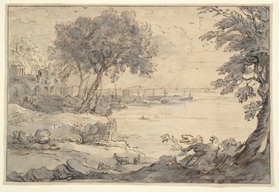 Vue côtière avec ruines et navires - Unknown
