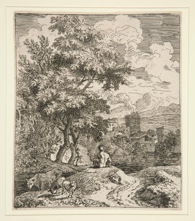 Un berger, deux moutons et une vache dans un paysage - Unknown
