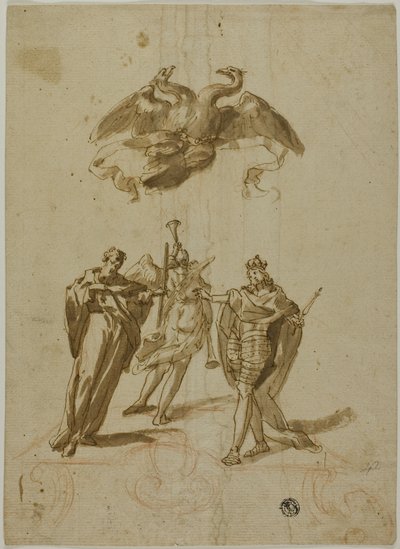 Sujet allégorique : Aigle impérial à deux têtes sur des nuages ; au sol, une figure drapée, un roi et une figure de la renommée - Unknown