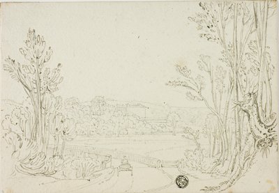 Chariot se dirigeant vers le pont entre les arbres ; Villa au loin - Unknown