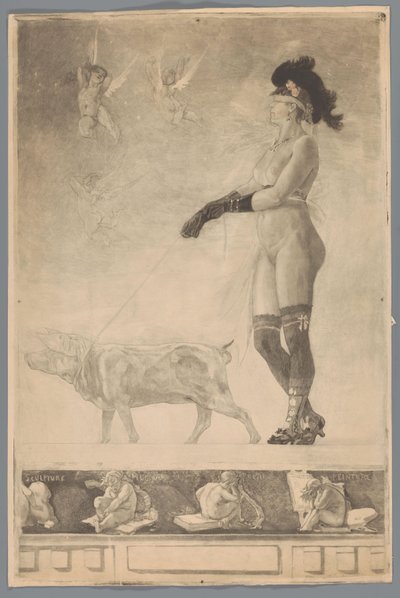 Femme nue aux yeux bandés guidée par un cochon - Unknown