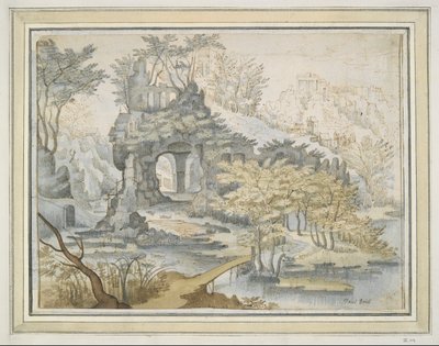 Paysage avec bâtiments sur une arche dans les rochers - Unknown