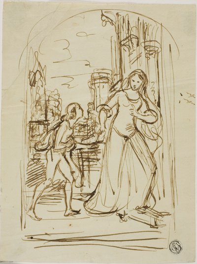 Illustration littéraire : Dame médiévale avec page (recto) ; Esquisses de figures (verso) - Unknown