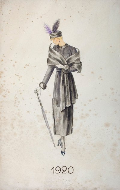Modèle portant un manteau et un chapeau à plumes, tenant un parapluie - Unknown