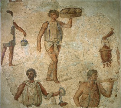 Préparatifs pour un banquet, fragment de pavement en marbre, calcaire et mosaïque de verre de Carthage, romain, vers 180-90 après J.-C. - Unknown
