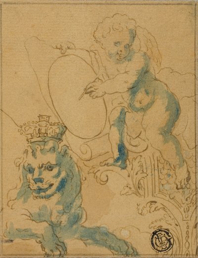 Section de décoration de plafond avec Cupidon avec parchemin et lion avec couronne - Unknown