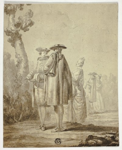 Trois musiciens et deux dames en extérieur - Unknown