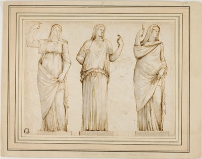Trois statues romaines de figures féminines drapées et croquis d