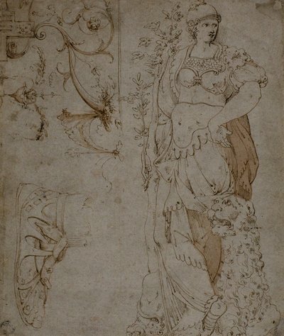 Trois croquis : Force, une sandale et grotesques (recto); Croquis de grotesques et cuirasse romaine (verso) - Unknown