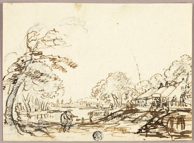 Deux personnages le long de la rivière près de ponts et de maisons (recto) ; deux personnages sur un pont regardant un homme dans un bassin (verso) - Unknown