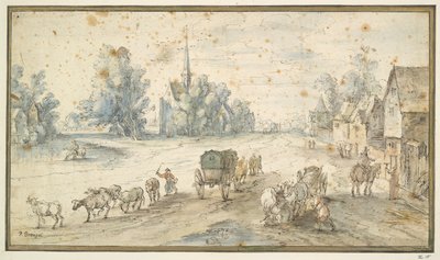 Rue de village avec bétail et charrettes - Unknown