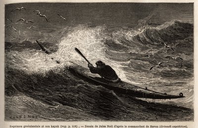 Un kayak groenlandais, passant la barrière de vagues. Gravure pour illustrer le voyage vers la mer libre du pôle Arctique, par le Docteur Hayes, chirurgien de la Marine des États-Unis, en 1860-1862, publié dans « Le tour du monde, nouveau journal des voyag - Unknown artist