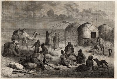 Un camp turcoman à la frontière du Turkestan et de la Perse, chaque tente, composée de treillis en bois et recouverte de feutre, abrite une famille. Gravure pour illustrer le récit d