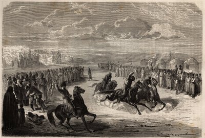 Un concours de lutte à mains nues et une course de chevaux parmi les Turcomans, organisée lors des grandes fêtes publiques, la distance de la course est d