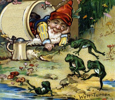 Un nain ou farfadet jouant avec des grenouilles. Chromolithographie du XIXe siècle. - Unknown artist