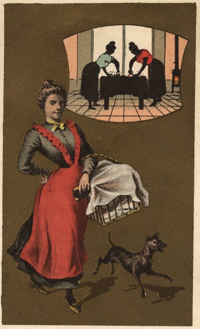 Une machine à laver transportant du linge dans un panier. Chromolithographie anonyme, fin du 19e siècle. - Unknown artist