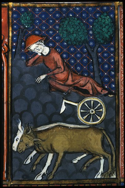 Un paysan se reposant, à côté de lui des bœufs et une charrue miniature du 14ème siècle - Unknown artist