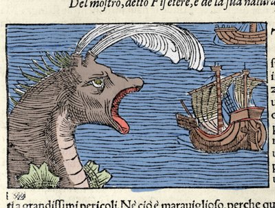 Un cachalot (?) (physeter) attaque un navire. Gravure par Olaus Magnus (1490 - 1557), religieux et géographe suédois, « Historia de Gentis Septentrionalibus », Venise - Unknown artist