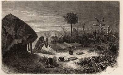 Un tisserand et son tisserand, sur les rives du fleuve Zambèze. Gravure pour illustrer les premiers voyages du Dr Livingstone en Afrique australe de 1840 à 1856, dans « Le tour du monde, nouveau journal des voyages » publié sous la direction d