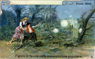 Un feu follet, une lumière diffuse visible la nuit près des marais et des cimetières, serait un esprit malin de la tradition populaire. Chromolithographie du XIXe siècle. - Unknown artist