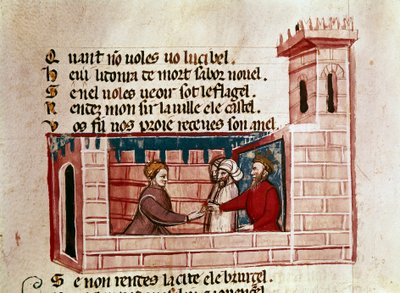 Une femme rencontre un roi dans un château et lui présente un cadeau miniature de l