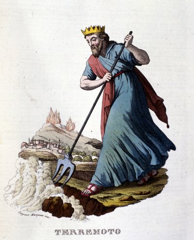 Selon la mythologie grecque, les tremblements de terre sont causés par Neptune qui secoue la terre avec son trident. Gravure du 19ème siècle. - Unknown artist