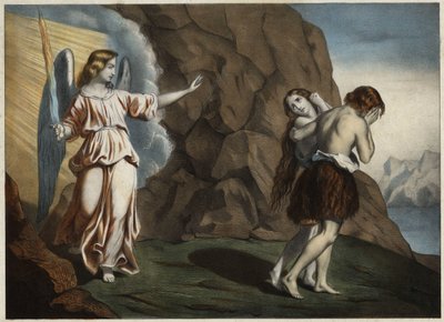 Adam et Ève chassés du Paradis. Gravure anonyme du milieu du 19ème siècle. - Unknown artist