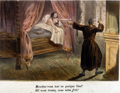 Adultère : un moine surpris essayant de se cacher et une femme nue au lit. - Unknown artist