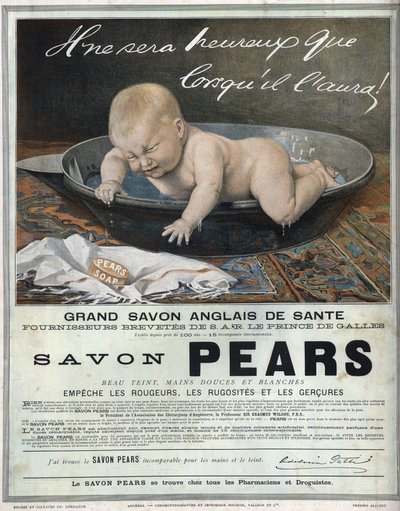 Publicité de 1889 pour le savon anglais "Pears" grand savon de santé anglais. Un bébé dans son bain fait un caprice (pleure) et essaie d