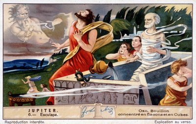 Esculape meurt, foudroyé par Jupiter, pour avoir ressuscité les morts - Chromolithographie Oxo, produite par Liebig - Unknown artist