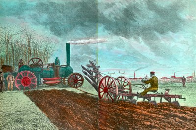 Travail agricole et progrès : labourage à vapeur. Gravure du XIXe siècle Collection privée - Unknown artist