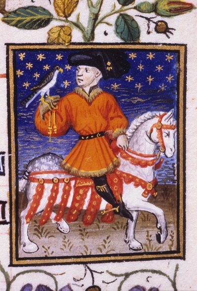 Représentation allégorique de mai. Un jeune seigneur avec des braies serrant sur le genou par une jarretière tenant un faucon. Miniature d