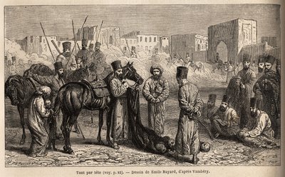 Un comptable du Khan, reçoit la livraison des têtes des ennemis et des otages, femmes et enfants attachés à la queue des chevaux. Dessin d