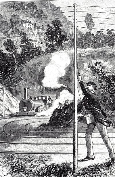 Gravure représentant un travailleur ferroviaire envoyant un signal d