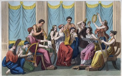 Grèce antique - Concert avec différents instruments - gravure de 