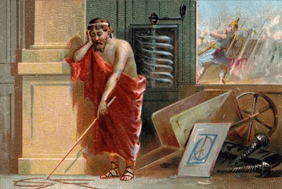 Archimède de Syracuse (287-212 av. J.-C.) traçant des formes géométriques sur le sol, bientôt arrêté par des soldats romains en bas de la scène. Dans son atelier, on peut reconnaître ses diverses inventions : la vis et la brouette. Chromolithographie du XI - Unknown artist