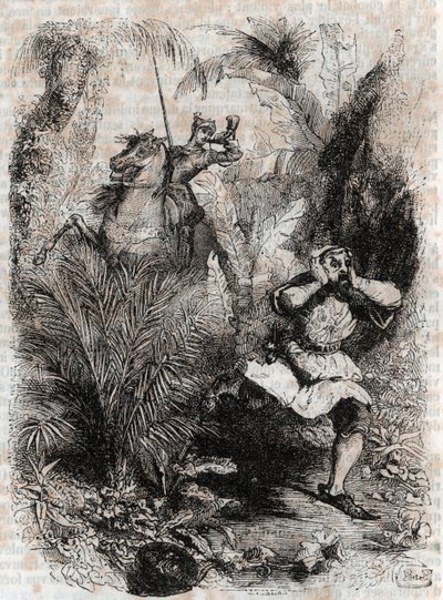 Astolphe fait fuir Caligorant - gravure de 1851 de « Roland furieux » (Orlando furioso) (16e siècle) par Ludovico Ariosto, connu sous le nom d