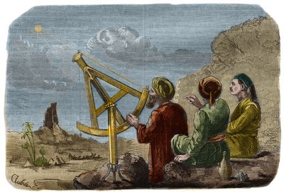 Astronomie : scientifiques arabes mesurant la hauteur du Soleil dans la plaine de Babylone vers 825. Ils utilisent un quart de cercle avec des pinnules. Gravure de 1857 dans « Le Musée Des Sciences » - Unknown artist