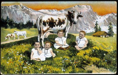 Bébés têtus une vache par des tuyaux - Carte postale, fin du XIXe siècle - Unknown artist