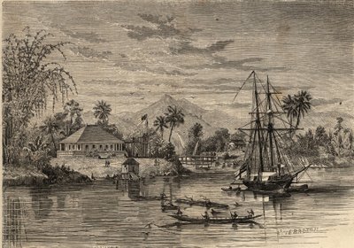 Bangalow, maison de Sir James Brooke, connu sous le nom de Rajah de Sarawak (1803-1868) aventurier britannique premier rajah blanc de Sarawak dans les environs de Sarawak (Bornéo). Gravure dans « Le Monde illustré » de 1857. Collection privée. - Unknown artist