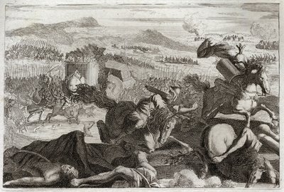 Bible de Royaumont, Ancien Testament : Mort de Judas. Défaite de Démétrios Ier Soter et Nicanor. Mort de Judas Maccabée au combat. Illustration de 1811. - Unknown artist