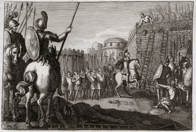 Bible de Royaumont, Ancien Testament : Mort de Séba. Et Séba (Sheba) se leva contre David, et emmena les dix tribus après lui, et Joab le poursuivit à Abela, où sa tête fut coupée sur le conseil d