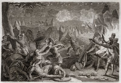 Bible de Royaumont, Ancien Testament : Défaite des Madianites par le son des trompettes et par les lumières des lampes. Illustration de 1811. - Unknown artist