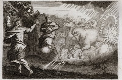 Bible de Royaumont, Ancien Testament : Élie est ravi au ciel. Élie est emporté au ciel dans un char de feu en présence de son disciple. Élisée reçoit de lui son double esprit : il divise les eaux du Jourdain avec le manteau d